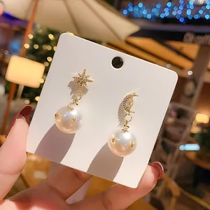 Moon and Stars Pearl Dangle Drop Earrings for Women thumbnail 3
