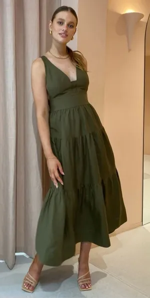 Shona Joy Linen Juliana Plunged Cross Back Midi Dress‎ In Forest size 4 thumbnail 1