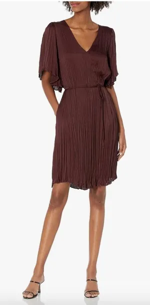 Vince Oxblood Pleated Crushed Satin V-Neck Midi Dress with Pockets Sz Medium thumbnail 1