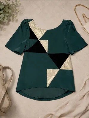 Line & Dot 100% Silk Geometric Shimmer Blouse Emerald Green XS thumbnail 2