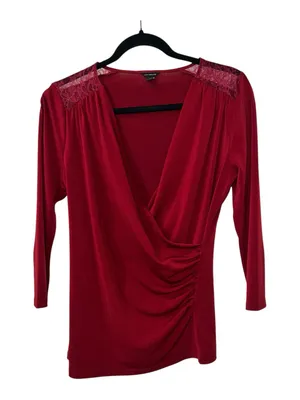 Ann Taylor Burgundy Faux Wrap Lace Shoulder Top – Medium – EUC thumbnail 2