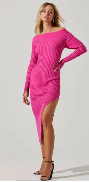 ASTR Pink Ribbed Midi Dress thumbnail 1