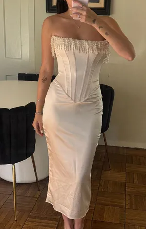 House Of CB NWT NALITA VINTAGE CREAM EMBELLISHED STRAPLESS DRESS. Size Medium thumbnail 5