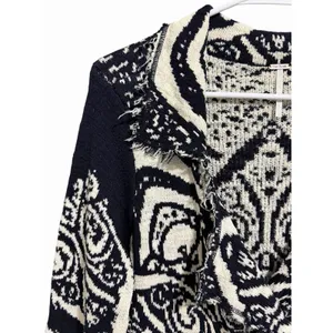 Free People Mandella‎ Intarsia Cardigan Knit Jacket Black/White Women's Size Lg thumbnail 7