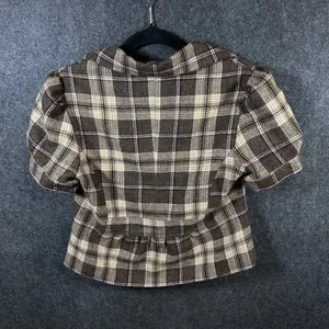 Forever Brown Plaid Wool Blend Cropped Short Sleeve Blazer Jacket Large Y2K thumbnail 2