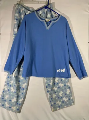 VS‎ Pink K Fleece Scottie Dog Polka Dot PJ Set Women L Blue Long Sleeve Cozy thumbnail 1