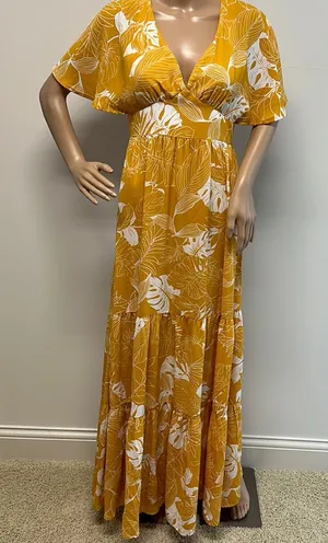 Lulus Open Back Golden Yellow Long Maxi Dress with Flutter Sleeves size S thumbnail 1