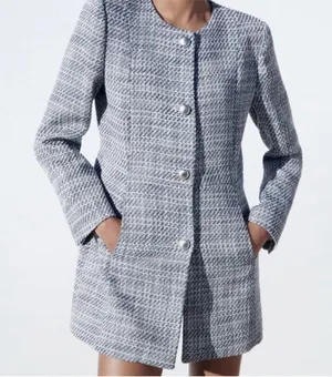 ZARA Long Structured Tweed Button Down Blazer Coat Small thumbnail 2