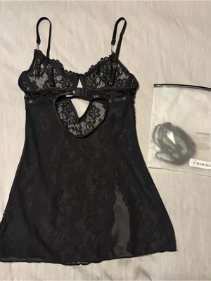 Shein Small Black Lace Mesh High Slit Mini Lingerie Dress, Rhinestone Wired Cups thumbnail 8
