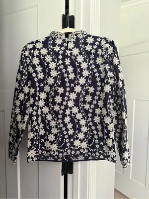 Sézane EGLANTINE navy white embroidered floral blouse long sleeve thumbnail 5