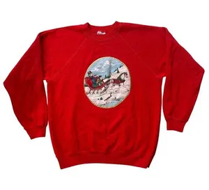 Vintage Hanes Christmas Sweatshirt Horse Sleigh Graphic Crewneck Red Women Large thumbnail 1