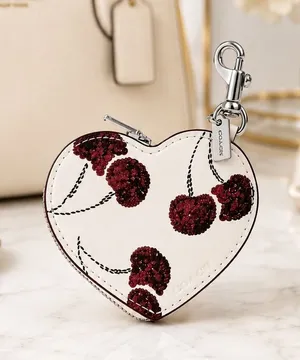 NEW Coach White Cherry Print Heart Bag Charm Coin Case CDB55 with dust bag NWT thumbnail 1