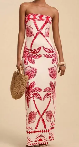 Long red patterned dress thumbnail 1