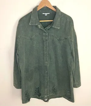 12Th Tribe Womens Dark Olive Green Distressed Shacket Button Up One Size Jacket thumbnail 1