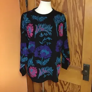Vintage 80s Sparkly Floral Sweater Black Purple Teal Oversized Retro Cozy thumbnail 7