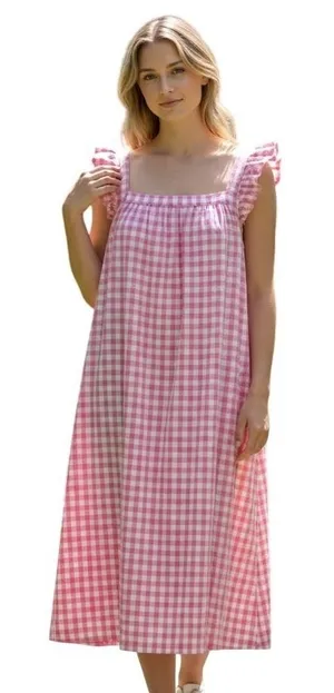 Vineyard Vines Gingham Dress Womens Small Pink Excellent Ruffle Cotton‎ Linen thumbnail 1