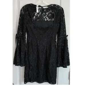 Express Womens 2 Black Floral Lace‎ Bell Sleeve Open Back Mini Dress thumbnail 9