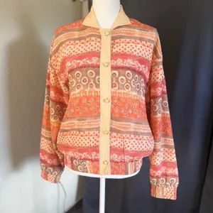 Oleg Cassini Vintage Silk Bomber Jacket Orange Geometric‎ Floral Print Small thumbnail 3