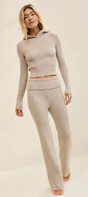 Aerie ribbed Late Night fold over flared knit pants in beige thumbnail 1