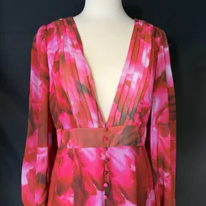 F&P Pink Floral‎ Midi Dress Women's Large NWT Long Sleeve V-Neck thumbnail 3