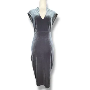 Y2K Windsor Blue Gray Velvet Midi Dress V Neck Bodycon Cocktail Party Holiday thumbnail 2