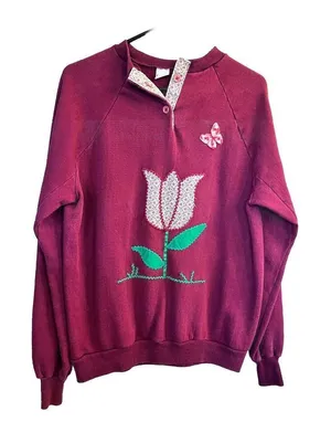 VTG Healthknit‎ Flowers Floral Collar Grandma Burgundy Sweatshirt Womens L thumbnail 1