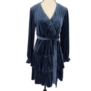 Baltic Born Navy Blue Velvet Faux Wrap Tiered Mini Dress Long Sleeve Size M thumbnail 2