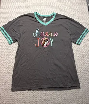 Buc-ee's Choose Joy Embroidered V-Neck Ringer T-Shirt Gray Teal Women Large thumbnail 1