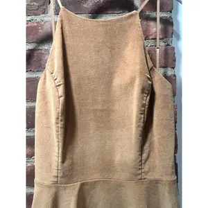 Blush Camel Stretch Corduroy Halter Skater Mini Dress Tan Ribbed Fit Flare L thumbnail 3