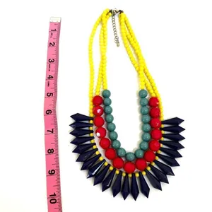 Yellow beaded red and green and blue statement necklace thumbnail 6