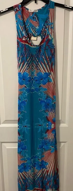 Julia Tropical Hibiscus Maxi Dress Womens Small Turquoise Red Fringe Cutout Back thumbnail 1