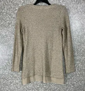 The Limited Beige Sequin Chiffon Hem Open Knit Sweater - Size Small - V-Neck thumbnail 6