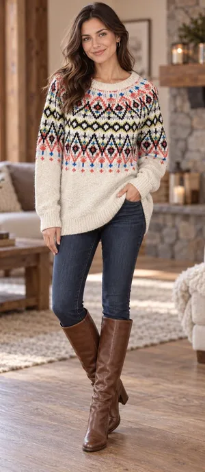 Aerie Fair Isle Oversized Tunic Sweater Women’s XS Ivory Nordic Knit Cowichan thumbnail 1