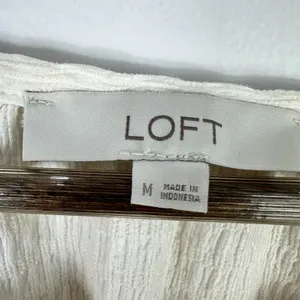 LOFT Peasant Top M Ivory Textured Tie Neck Blouse Boho‎ Minimalist Coastal Chic thumbnail 2
