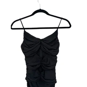 Oh Polly Black Ruched Mesh Cutout Bodycon Midi Dress Spaghetti Strap US 0 thumbnail 4