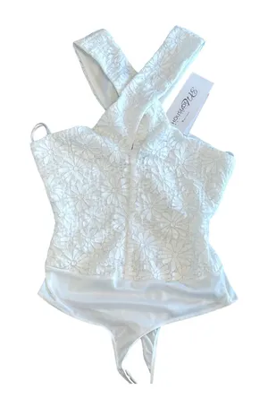 SAGE THE LABEL White Lace Cross‎ Front Halter Thong Bodysuit XS thumbnail 1