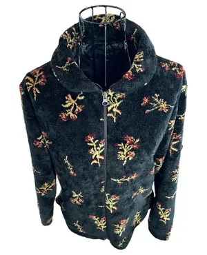 VTG Black Diamond Sherpa Fleece Botanical Floral Print Jacket Black Size Small thumbnail 1