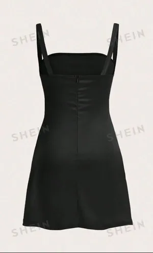 SheIn EZwear Solid Color Back Zipper Women's Chest Splicing Slip Satin Black Dress With Spaghetti Straps thumbnail 2