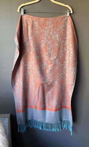 Orange and Turquoise Paisley Patterned Scarf with Fringe thumbnail 1