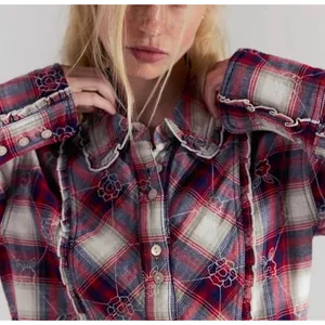 We The Free Free People Georgia Plaid Embroidered Button Down‎ Ruffle Shirt NWT thumbnail 3
