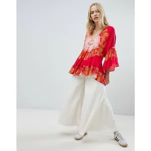 Free People Sunset Dreams printed flare sleeve blouse sz Small red‎ thumbnail 16