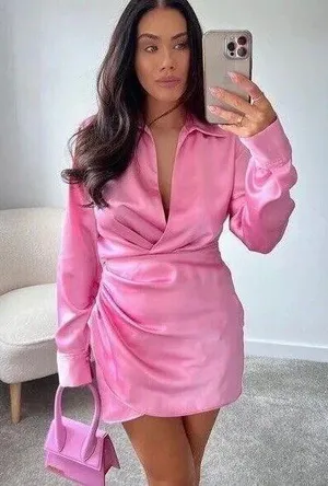 mini dress satin effect drapped long sleeve pink party wedding coctail thumbnail 2