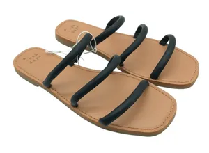 A New Day Wren Slide Sandals Triple Strap Square Toe Faux Leather Black Size 7 thumbnail 1