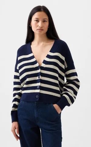 Gap shaker stitch Classic cotton navy white stripe nautical cardigan sweater M thumbnail 1