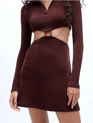 Peppermayo‎ Crowd Control Mini Dress Brown Cutout O-Ring Long Sleeve US 4 NEW thumbnail 1
