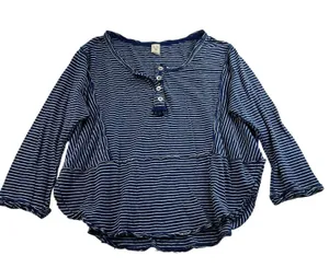 We The Free People S Small Hong Kong Henley Top Navy Striped Raw Hem Boho Beachy thumbnail 3