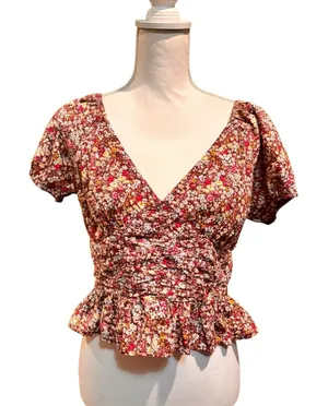 Sim &‎ Sam Brown Floral Ruched Peplum Top Open Back Tie Short Sleeve Size XL thumbnail 1