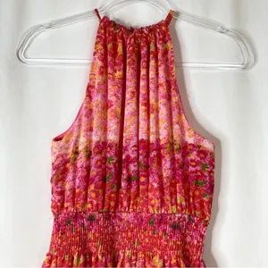Zara Basic Pink Floral Pleated Ruffle Halter Neck Mini Dress Womens Medium thumbnail 2