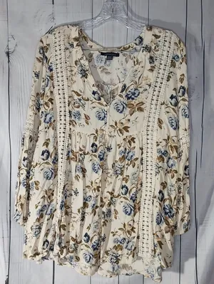 American Eagle Outfitters Floral Boho Peasant V-Neck Lace Trim Flowy Blouse thumbnail 1