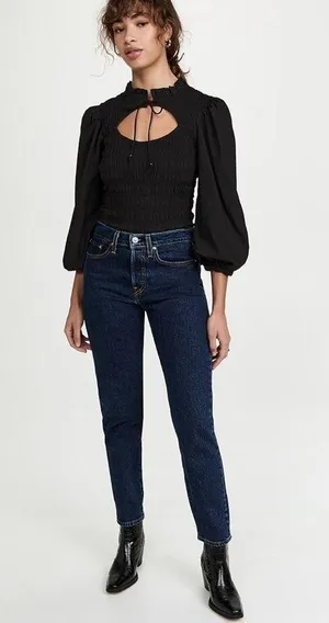 Love The Label Anthropologie Black Smocked Puff Sleeve Blouse Sz.S NWT thumbnail 2